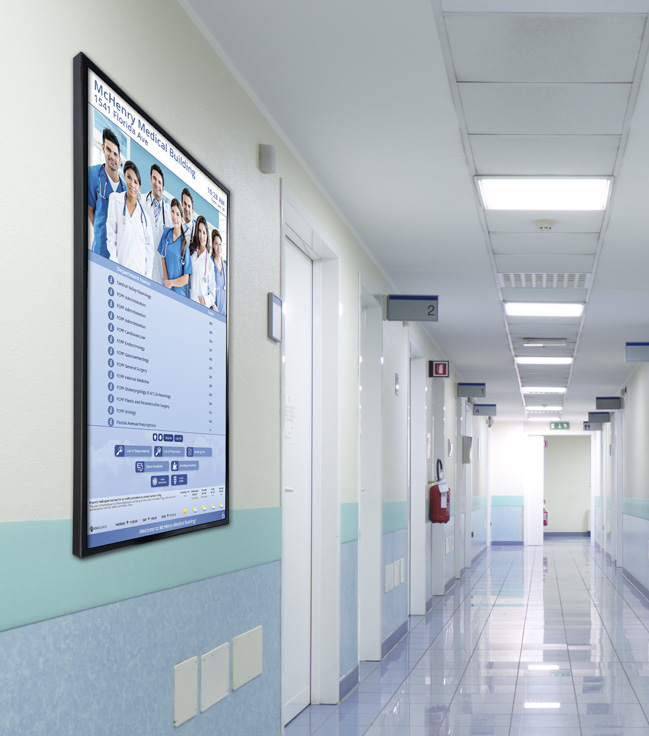 Wall-mounted Digital directory in hospital lobby