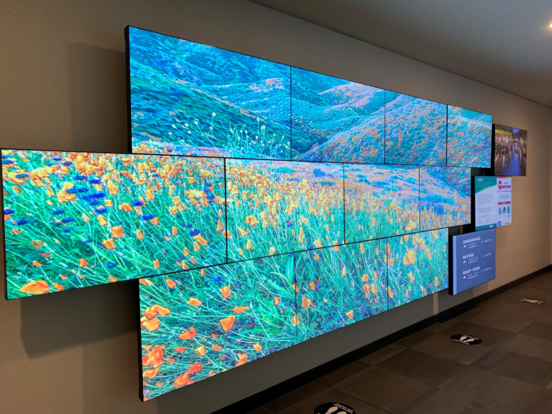 A video wall with floral digital art