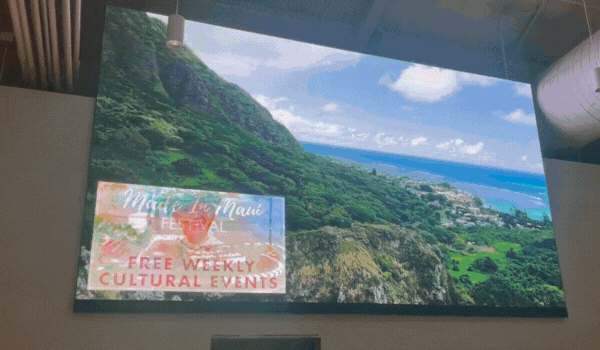 Large video wall display with moving wall art of Hawaiian ocean and beach, boats and landscape.