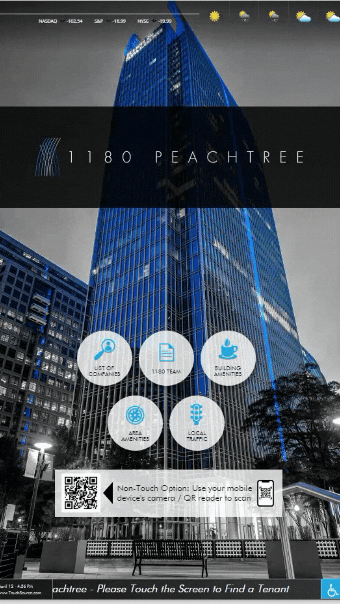 Dark blue and teal digital directory touch screen solution for 2023 Mamaroneck Ave commercial building.