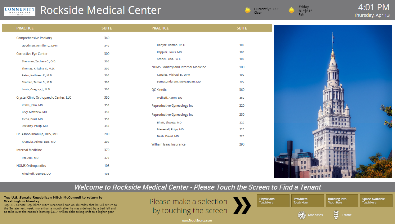 Horizontal white, grey and gold digital directory screen for Rockside Medical Center in Cleveland, Ohio.