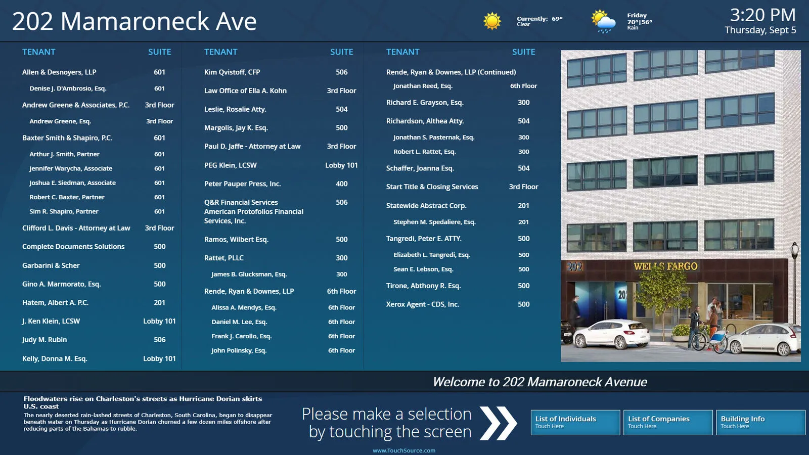 Dark blue and teal digital directory touch screen solution for 2023 Mamaroneck Ave commercial building.