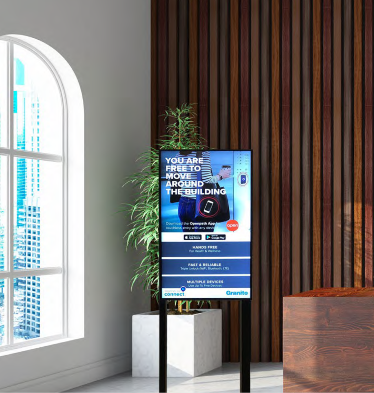 Upright digital signage poster stand solution featuring an in-building smartphone app solution from Granite Properties. 