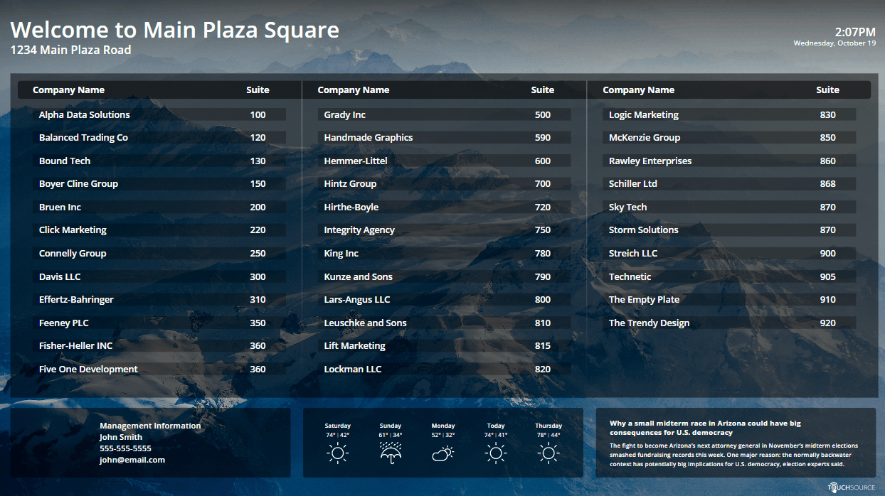 A black and blue digital directory screen solution for a digital signage enclosure from TouchSource.