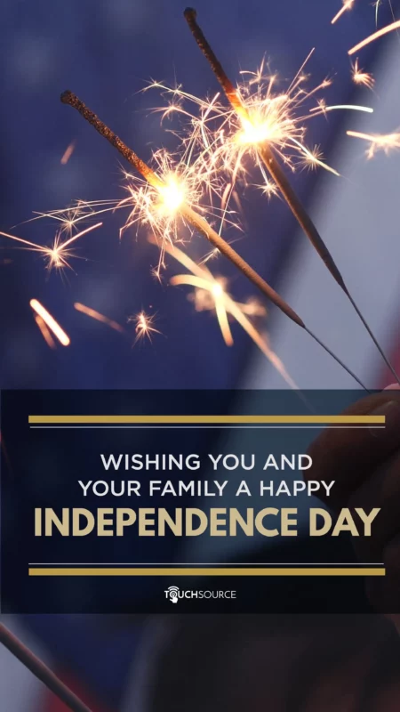 Independence Day themed digital building directory poster with sparklers and American flag in background.