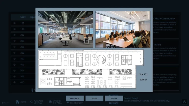 Light blue pop-up graphic of office space diagram and available space photos on building digital signage in a commercial property.