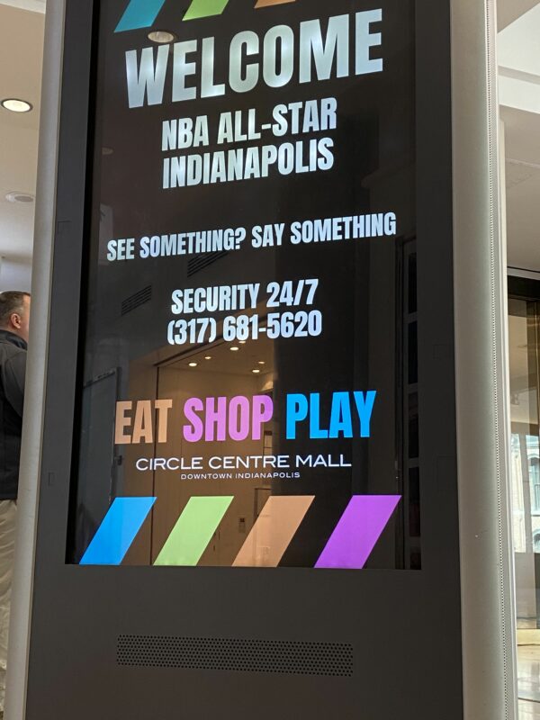 Black and multi-color digital kiosk display for NBA All-Star 2024 at Circle Centre Mall in Downtown Indianapolis.