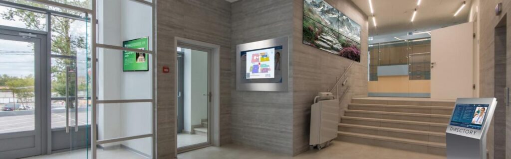 Wayfinding & Freestanding Digital Directory displays in hospital lobby