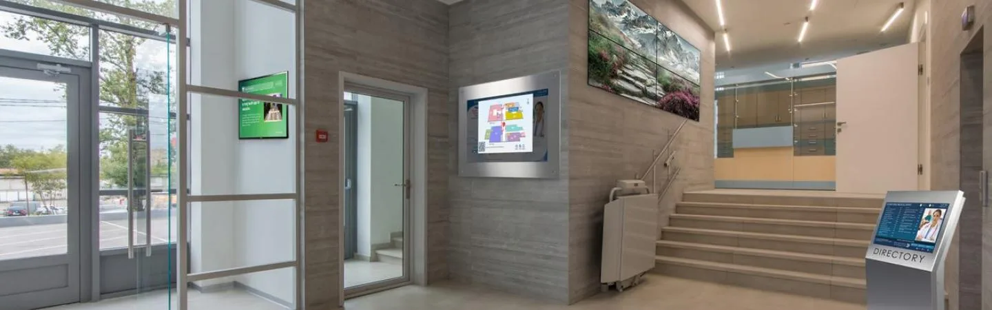 Wayfinding & Freestanding Digital Directory displays in hospital lobby