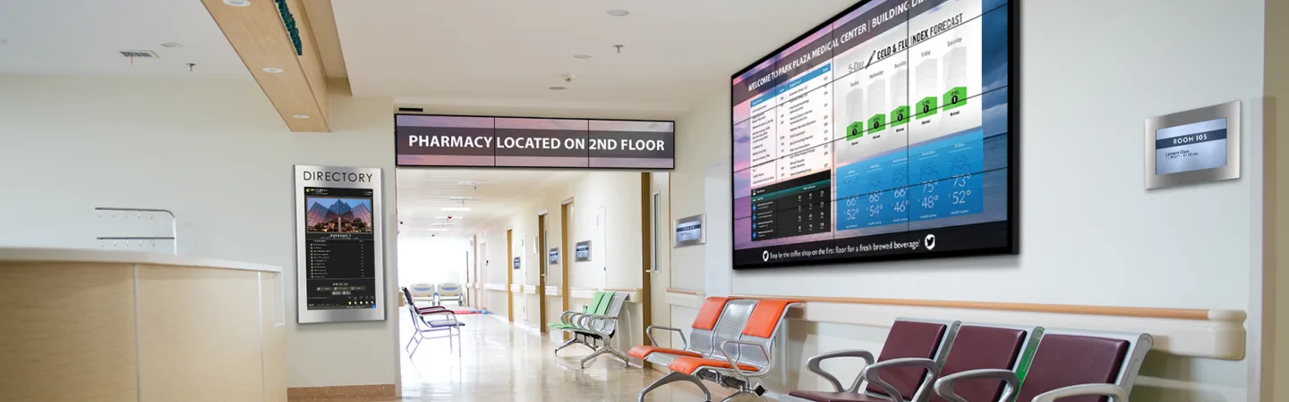Video wall display in hospital lobby