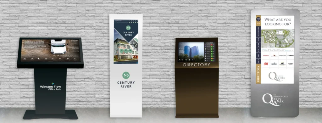 Four Interactive Digital Kiosk Building Signs in Various Finishes and Colors