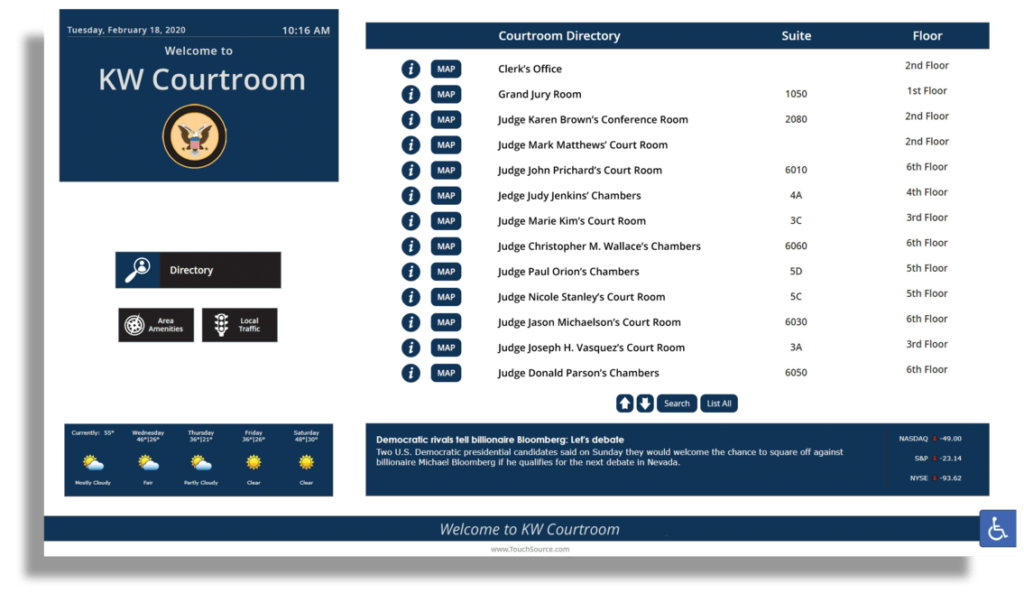 Digital wall directory showing federal government courtroom directory, clerk office and grand jury room.