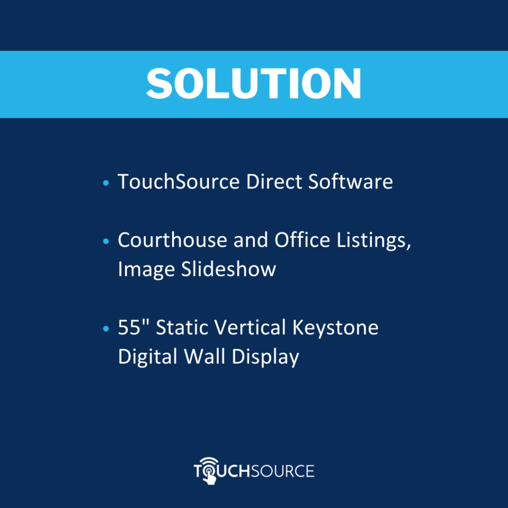 Graphic that says “Solution: TouchSource Direct Software; Courthouse and Office Listings, Image Slideshow” with hardware information.