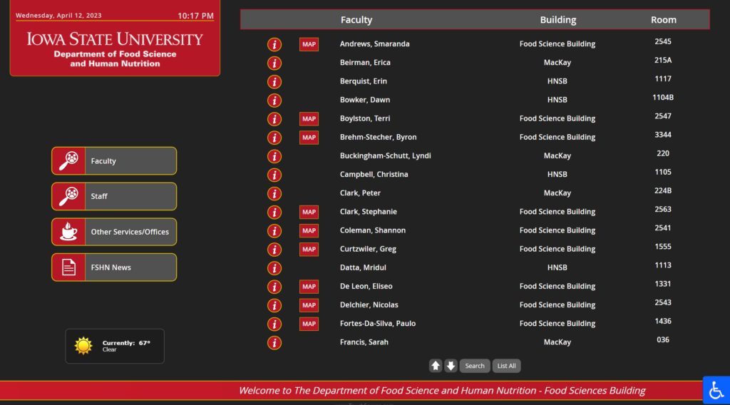 Red and black touch screen digital directory screen for Iowa State University Department of Food Science and Human Nutrition.