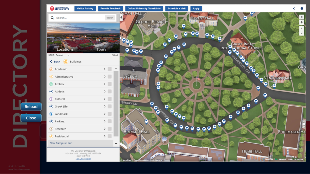 Multi-colored aerial view map of University of Mississippi "Ole Miss" campus on a digital directory in University, Mississippi.