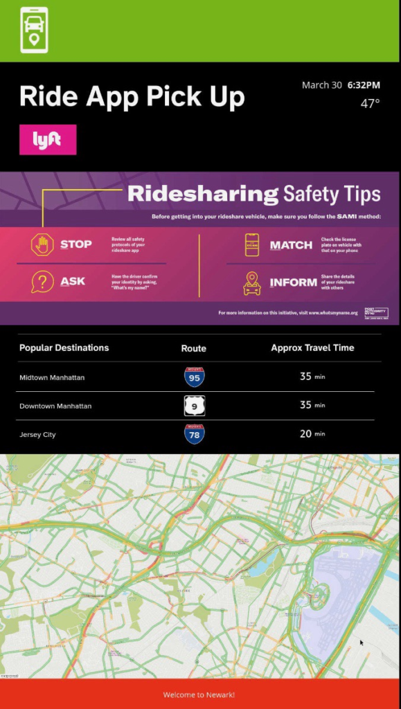 A digital kiosk showing Lyft ridesharing safety transportation tips for passengers at Newark Liberty International Airport.