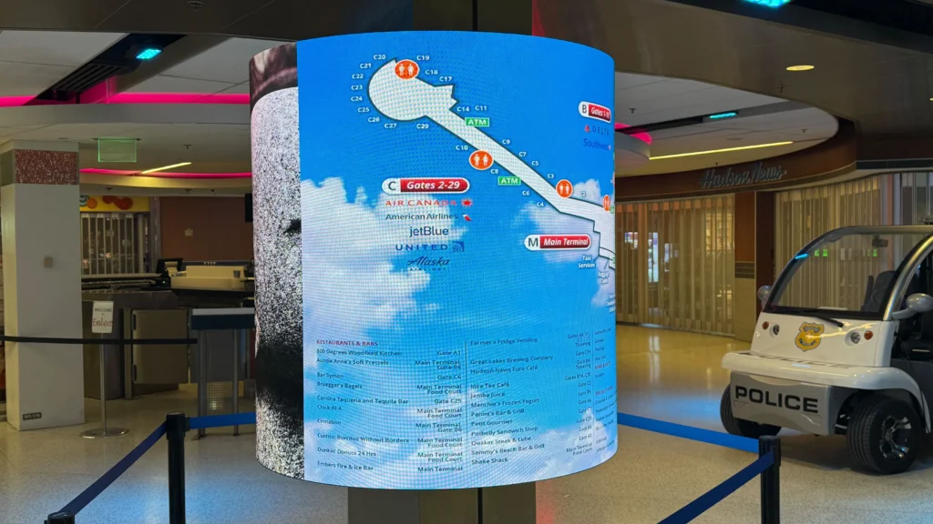 Cleveland Hopkins Airport circular video wall concourse digital directory