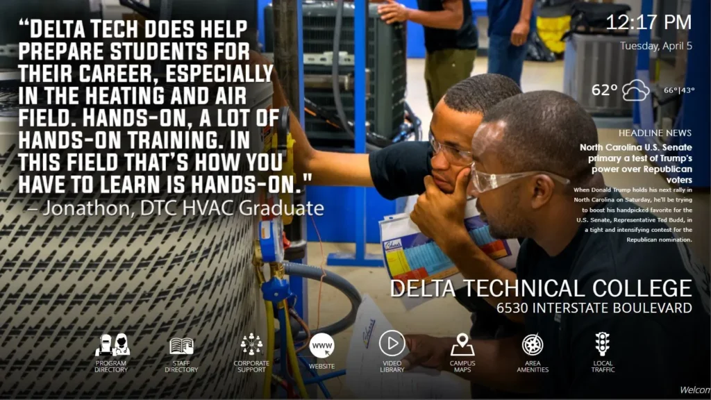 Digital directory for Delta Technical College - Including unlimited tenant listings and content updates, interactive campus map, area amenities, local traffic map, weather, website, video library, and headline news.