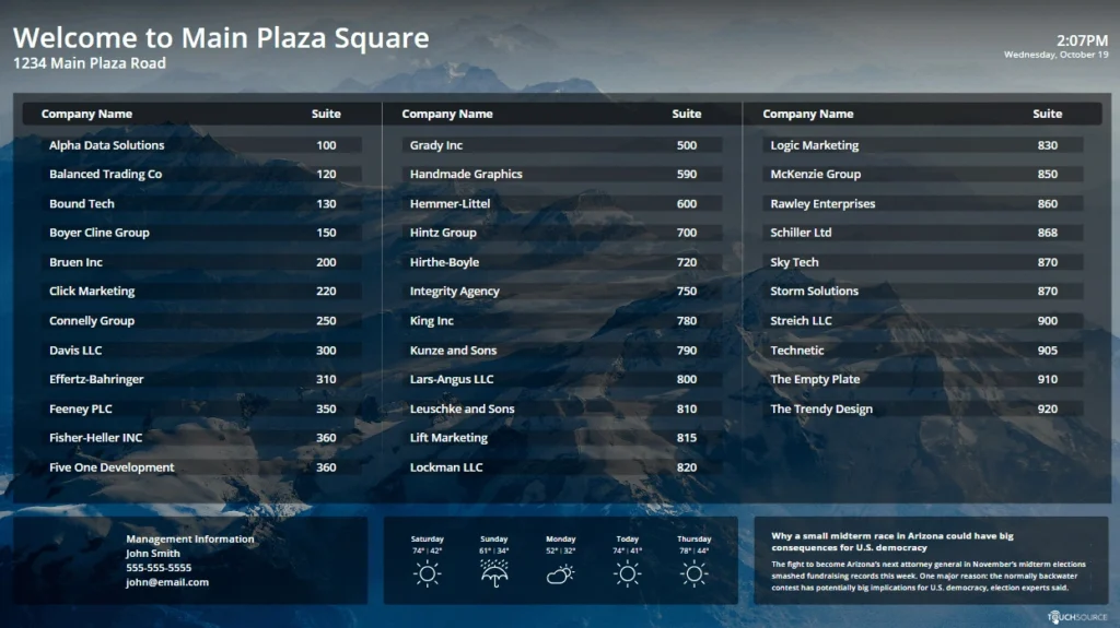 TouchSource Direct - powerful digital directory software. Supports static, contactless, or touchscreen devices with easy-to-use, intuitive software designed for busy people.