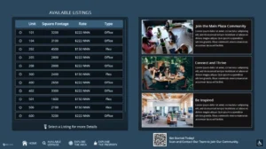 Building Digital Signage software screen showing available office space listings and building amenity features.