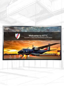 Crestone Indoor Wall Display digital display with horizontal matte black frame and colorful digital directory home screen.