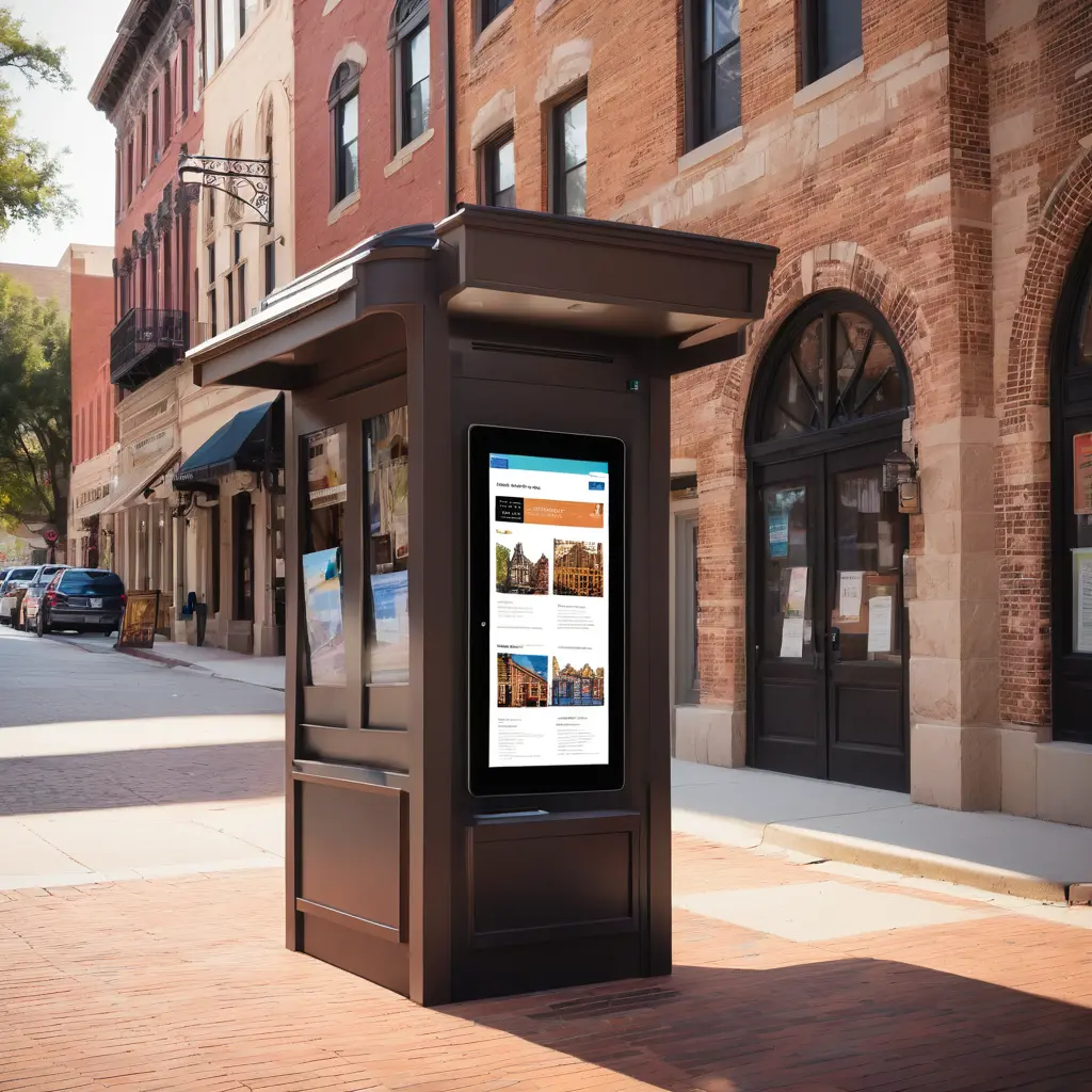 Brown enclosed digital directory kiosk outdoors in a travel and tourism historic destination. 