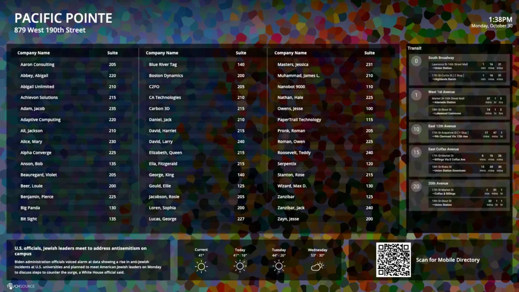 Multicolor digital directory display with listings, QR Code, transit and news from TouchSource