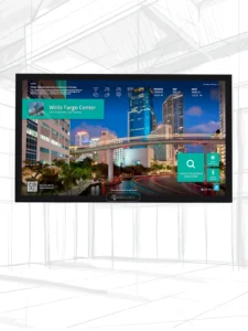 Crestone Indoor Digital Wall Display digital display with horizontal matte black frame and colorful digital directory home screen.