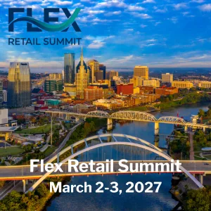 Promotional banner for Flex Retail Summit with city skyline; text reads 'Flex Retail Summit' and 'March 2-3, 2027'