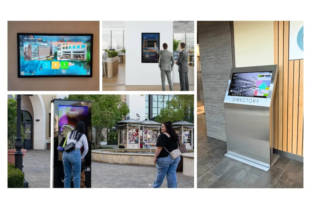 Interactive-displays-touchscreens-and-kiosks-for-wayfinding-navigation - TouchSource Photo collage featuring a short digital kiosk in a lobby, two wall digital directories, and a retail kiosk in outdoor mall setting.