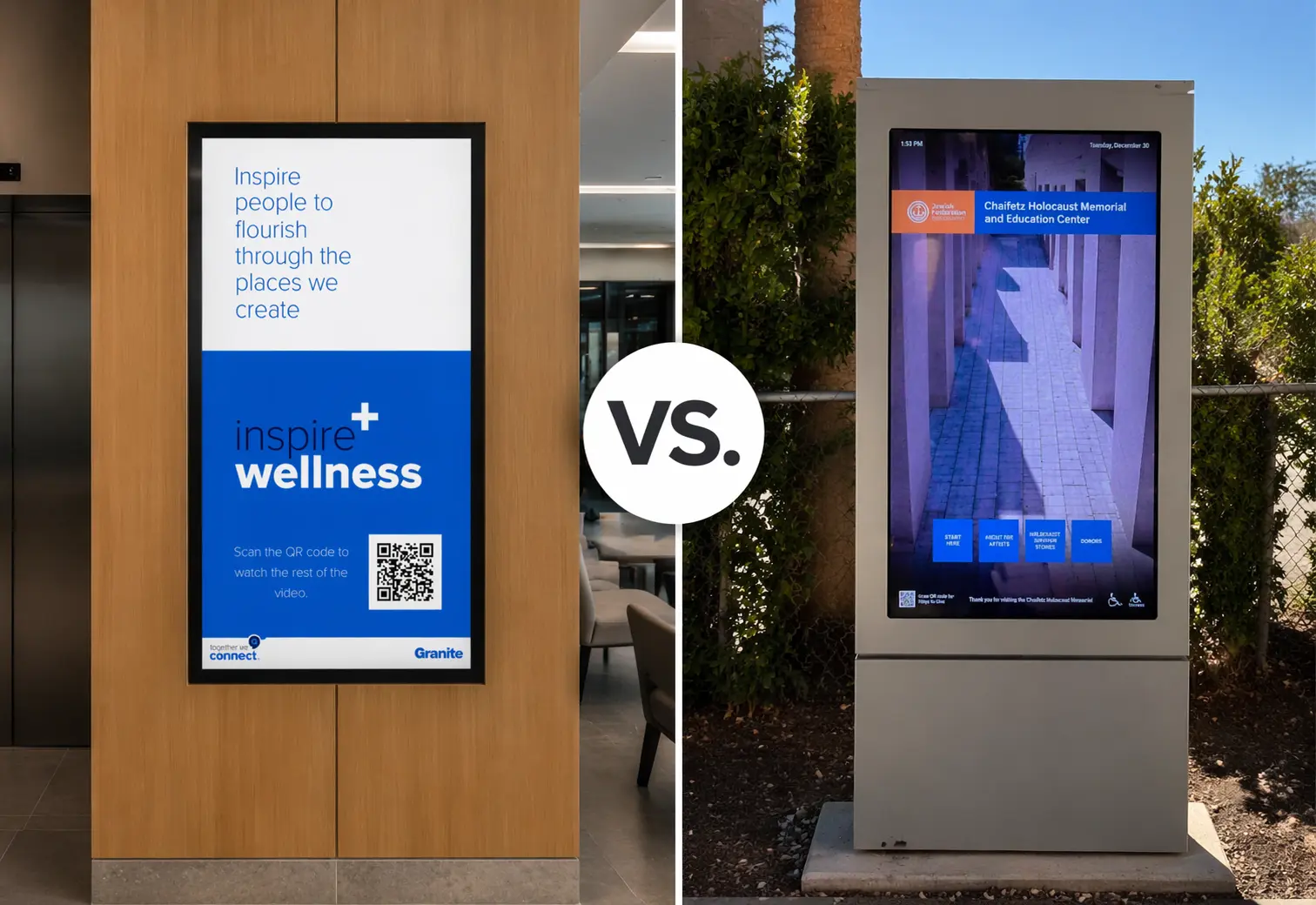Interactive-displays-touchscreens-and-kiosks-vs-noninteractive-displays-examples - TouchSource Indoor digital interactive displays vs static wall display indoor and outdoor examples