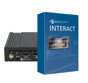 TouchSource Interact product box with a small display image and a hardware module showing HDMI and DC input ports.