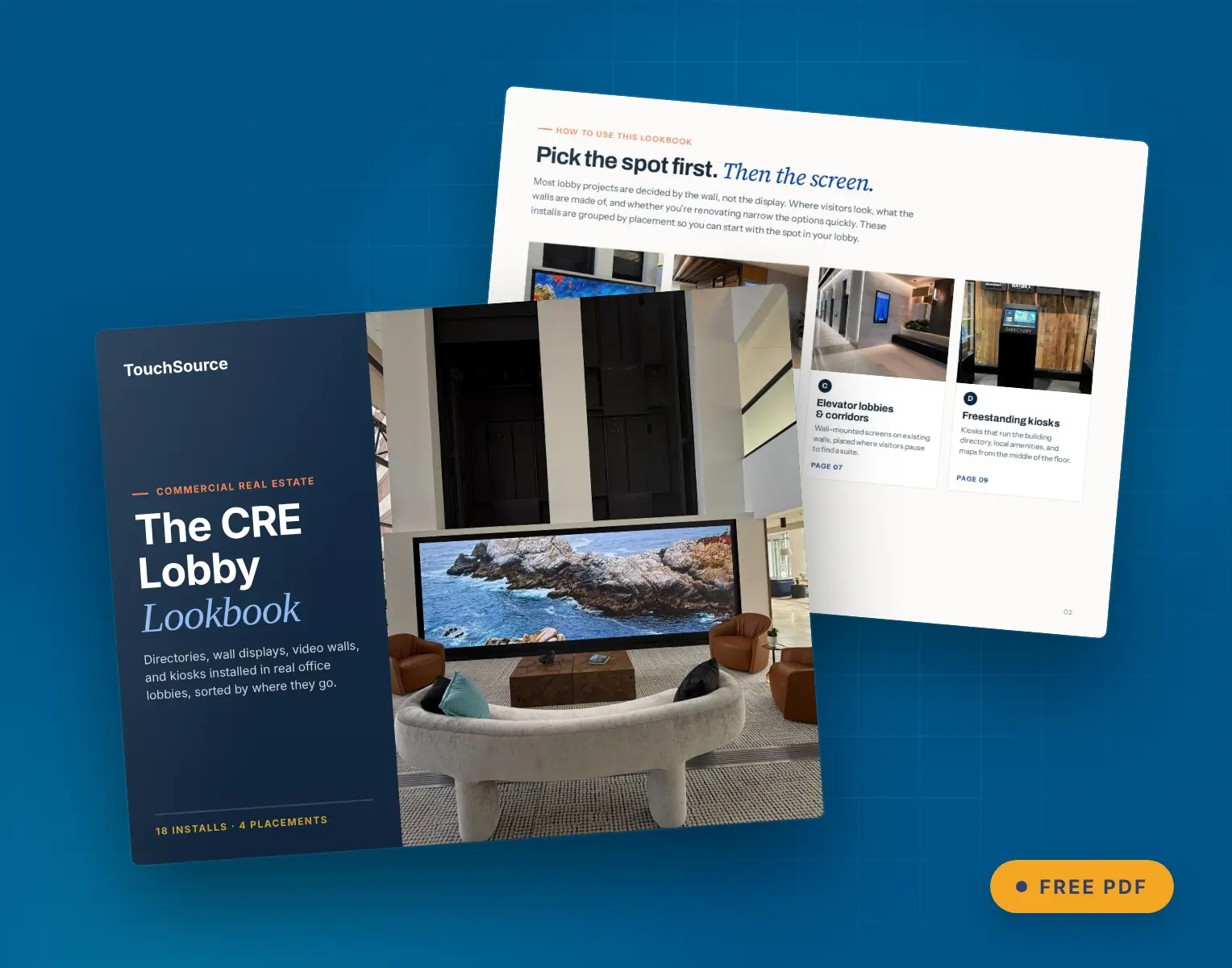 two overlapping image previews of pages from CRE lobby lookbook for commercial office buildings from TouchSource.