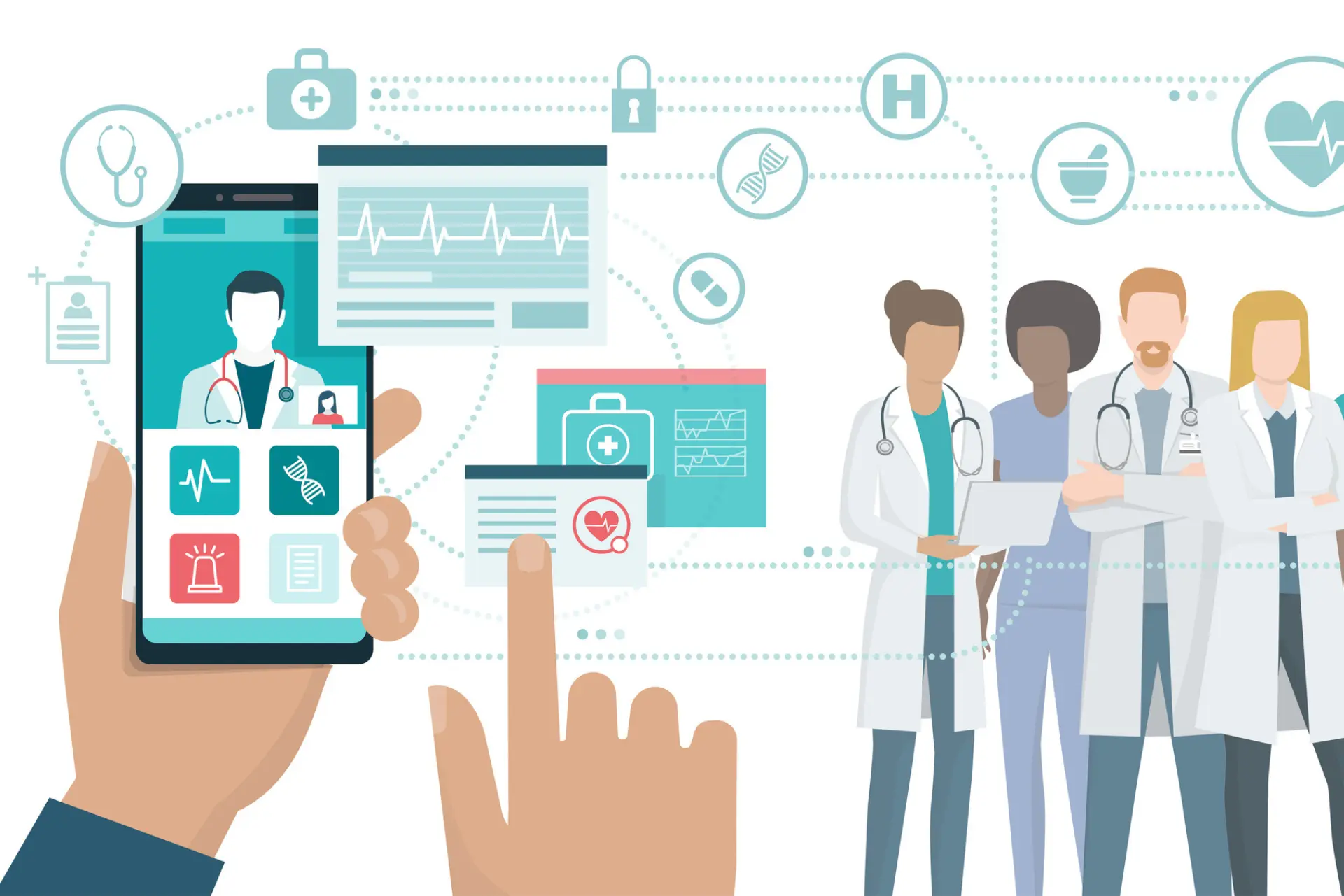 illustration of someone using digital smartphone in hand alongside doctors in a healthcare campus setting
