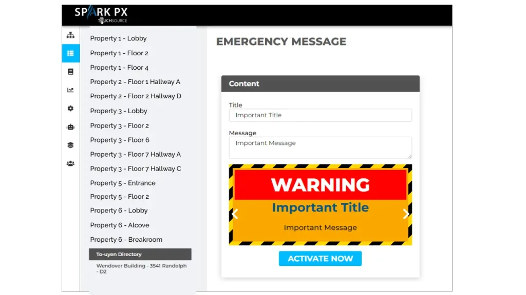Screenshot of an admin panel titled Emergency Message; left navigation, a center form with Title and Message, and a large warning banner with Activate Now button? (informational) - (avoid question mark if possible)