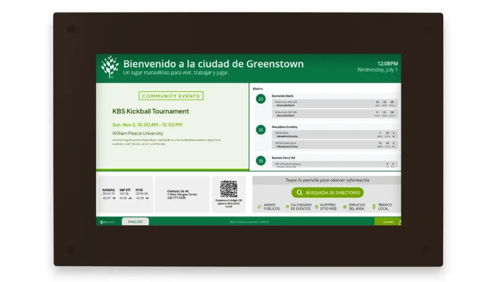 Screenshot of a city portal with a green header reading 'Bienvenido a la ciudad de Greenstown' and a Spanish directory search bar