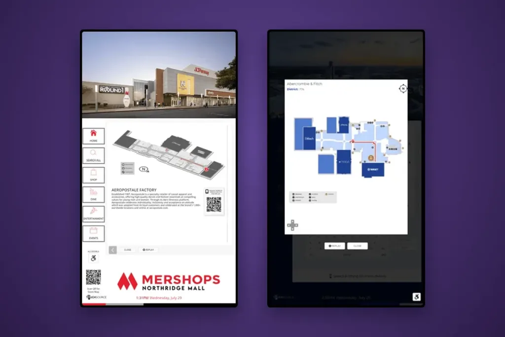 Two screenshots of digital wayfinding software delivered by TouchSource digital signage