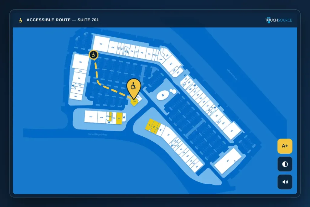 blue animated accessible wayfinding on a digital kiosk from TouchSource